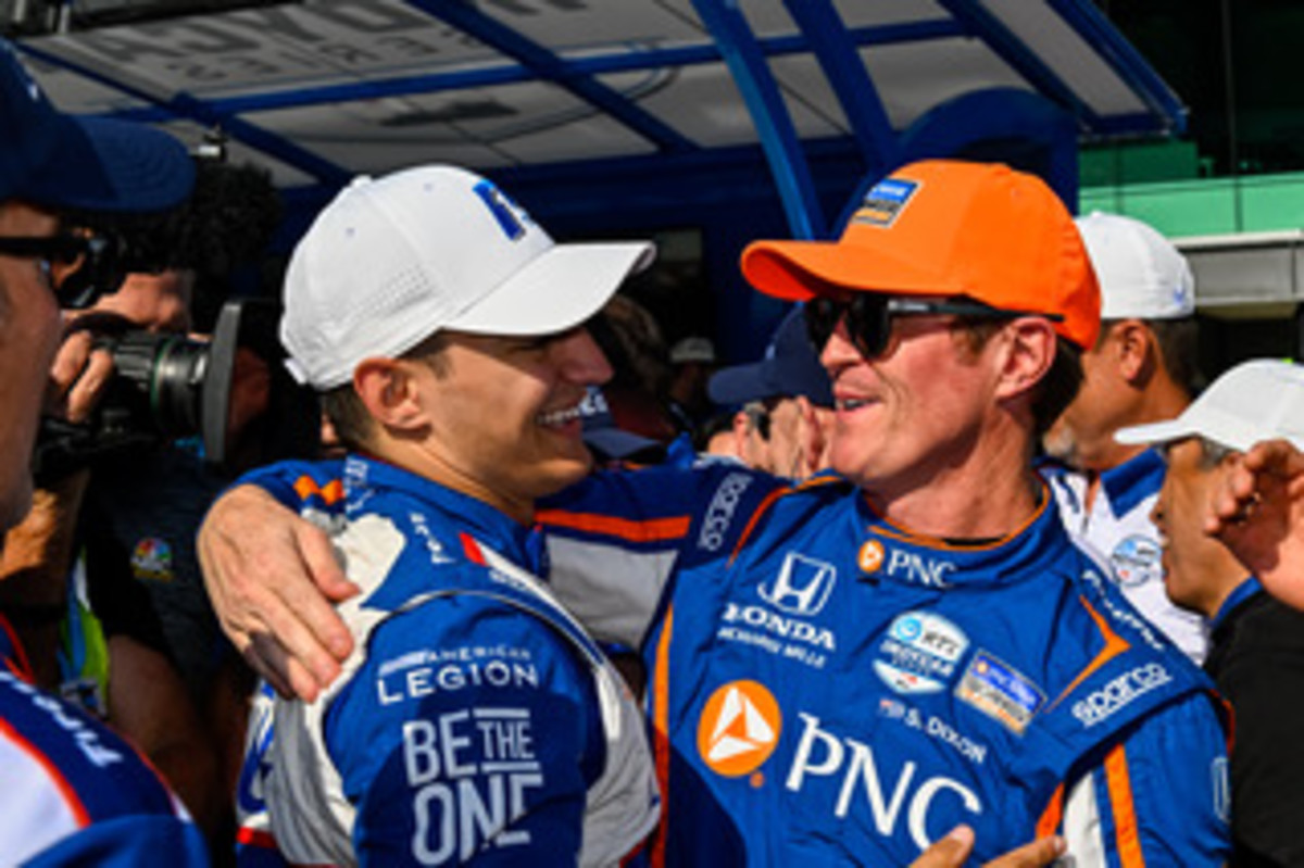 Scott Dixon congratulates Chip Ganassi Racing teammate Alex Palou for capturing the pole position for next Sunday's 107th Running of the Indianapolis 500 at Indianapolis Motor Speedway. Photo courtesy Honda.