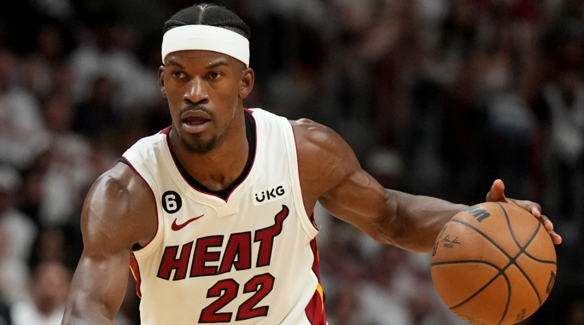 Heat forward Jimmy Butler dribbles the ball during Game 3 of the 2023 Eastern Conference finals.