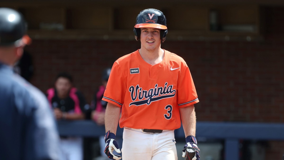 Kyle Teel reacts at the plate during the Virginia baseball game against Louisville at Disharoon Park.