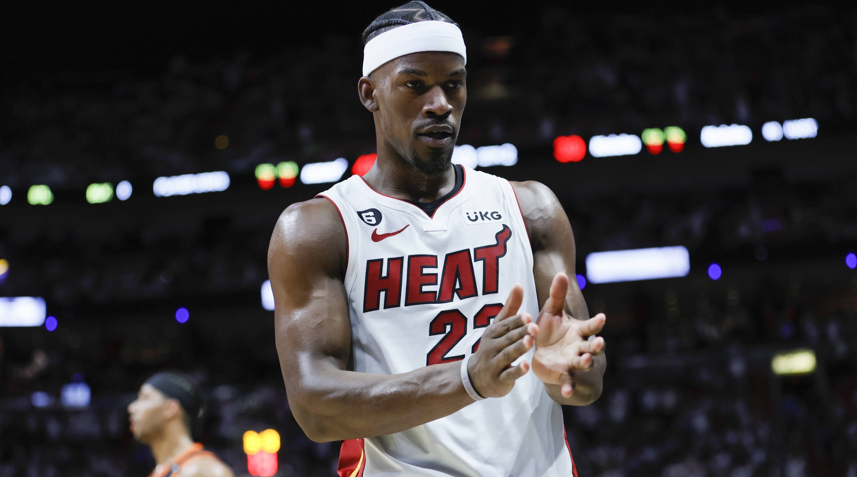 Heat forward Jimmy Butler claps in the middle of plays during a game vs. the Knicks.