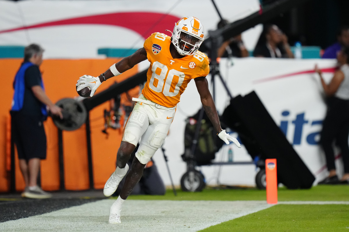 Tennessee WR Ramel Keyton celebrating after scoring a touchdown in the Orange Bowl against Clemson on December 31, 2022, in Miami, Florida. (Photo by Rich Storry of USA Today Sports)