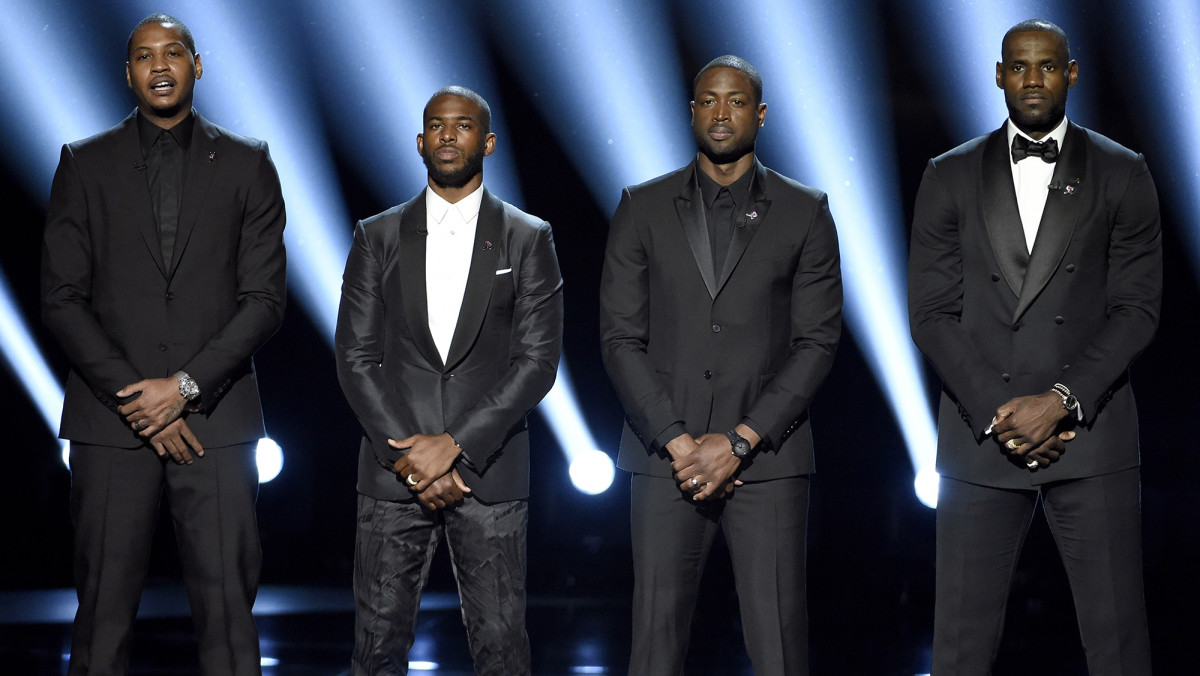 Anthony (far left) spoke out at the ESPYs in 2016 with (from left) Paul, Wade and James.