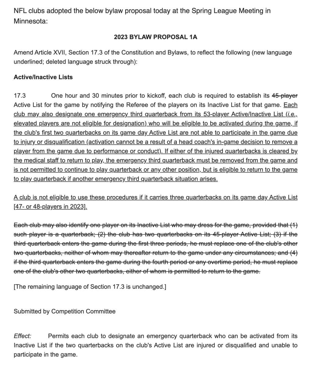 NFL Bylaw Regarding Third QB