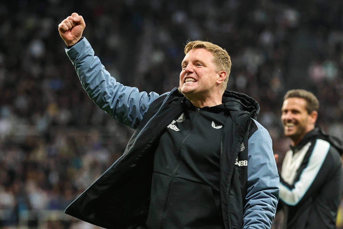 Newcastle United manager Eddie Howe pictured celebrating after his team secured Champions League qualification in May 2023