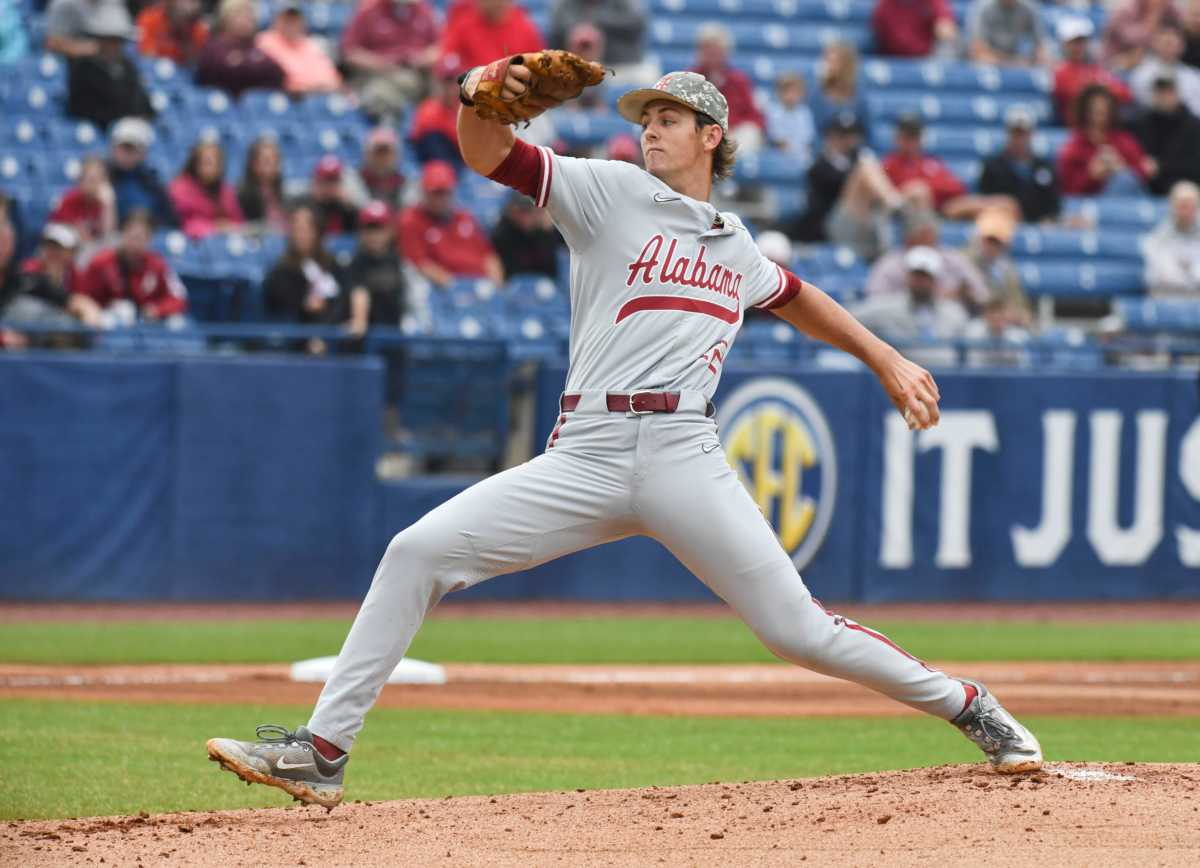 Alabama pitcher Hunter Furtado (12) delivers the ball to the plate against Kentucky during the opening round of the SEC Baseball Tournament at the Hoover Met Tuesday, May 23, 2023.
