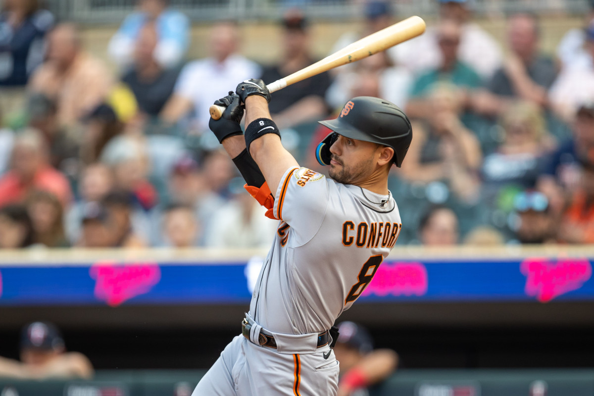 SF Giants outfielder Michael Conforto hits a three-run home run against the Minnesota Twins (2023).