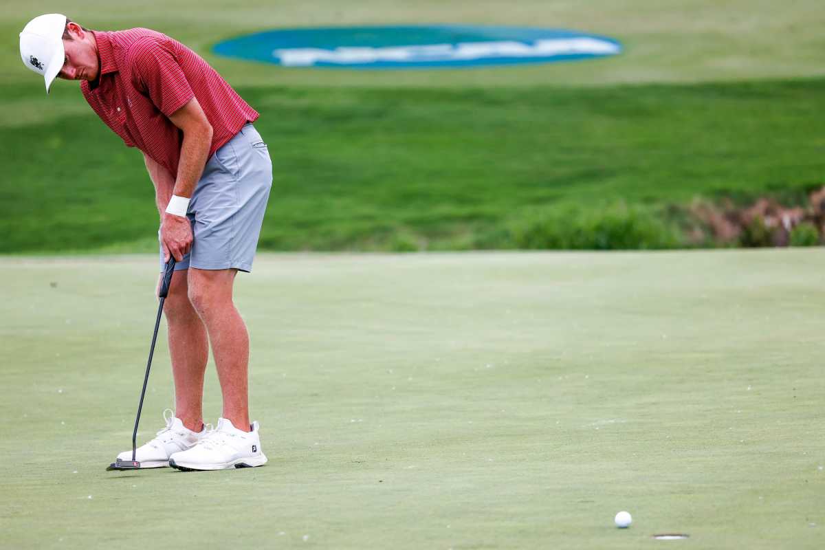 Alabama's Nick Dunlap sinks a putt during the final round of the NCAA Norman Regional at Jimmie Austin OU Golf Club in Norman, Okla., on Wednesday, May 17, 2023