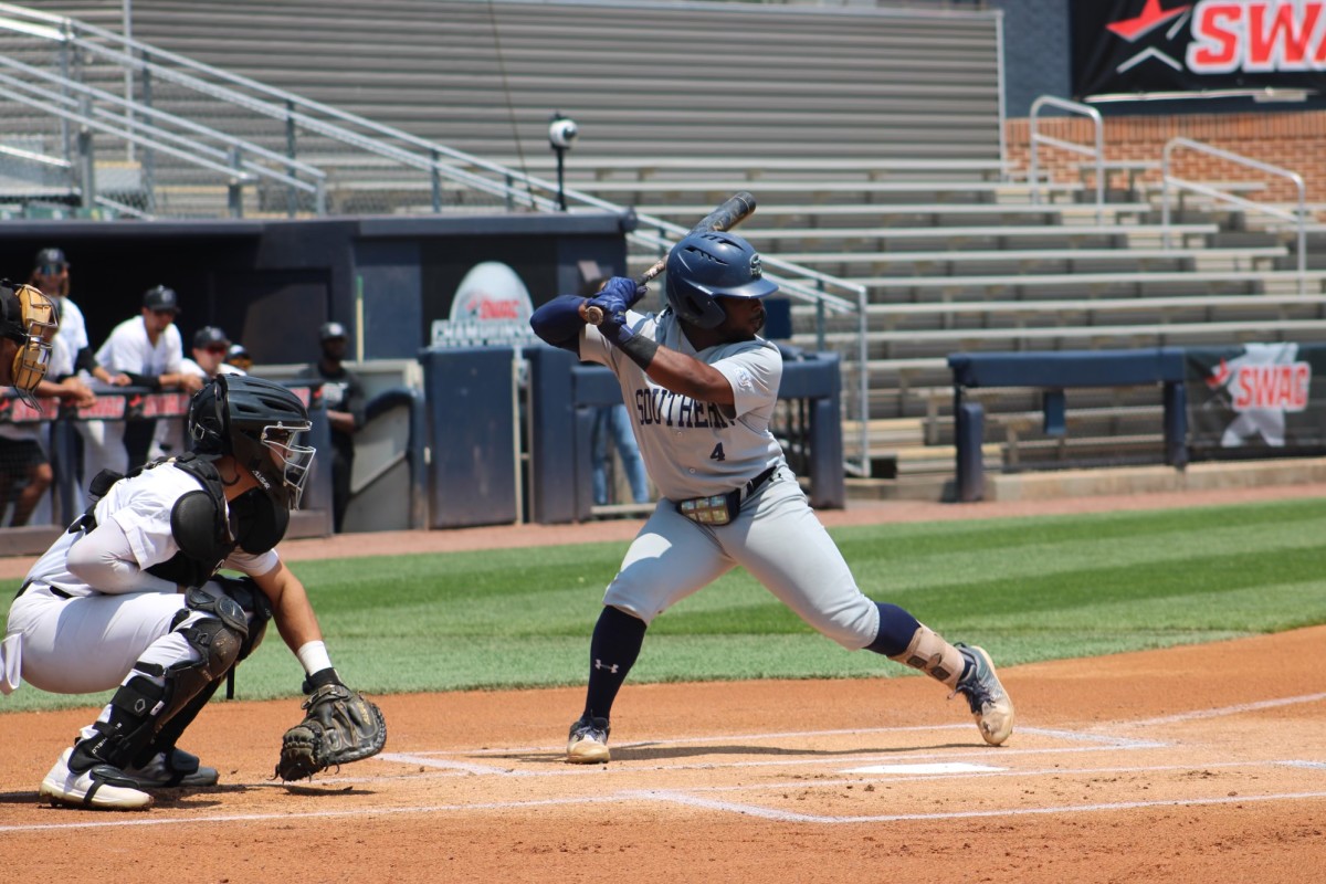 Southern’s Jah’li Hendricks steps into a pitch against Bethune-Cookman