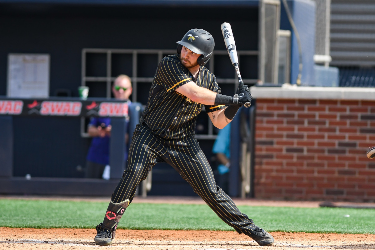 Alabama State baseball's Jack Hay steps into a pitch against Prairie View A&M