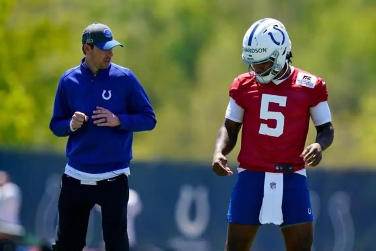 Indianapolis Colts quarterback Anthony Richardson works on foot work with head coach Shane Steichen during rookie mini-camp at the Indiana Farm Bureau Football Center on May 5.