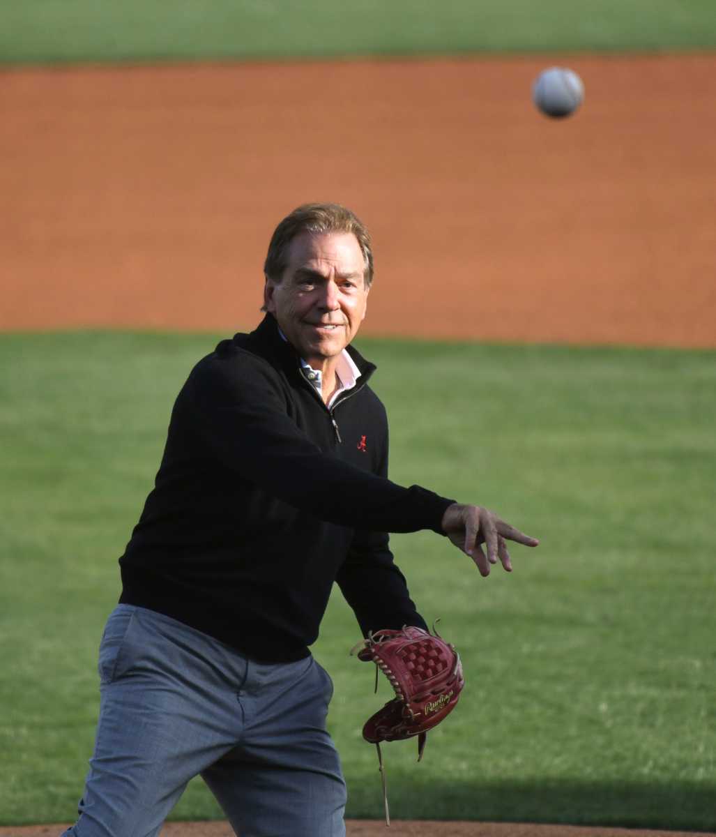 Alabama head football coach Nick Saban throws out the first pitch before the Crimson Tide s game with Samford at Sewell-Thomas Stadium Tuesday April 25, 2023.