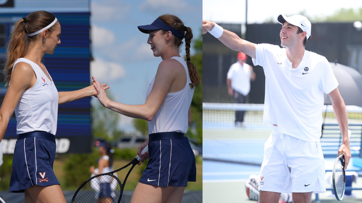 Melodie Collard and Julia Adams compete in doubles for the Virginia women's tennis team (left). Chris Rodesch competes in singles for the Virginia men's tennis team.