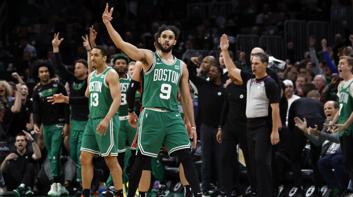on Celtics guard Derrick White reacts during the second quarter of game 5 against the Heat.