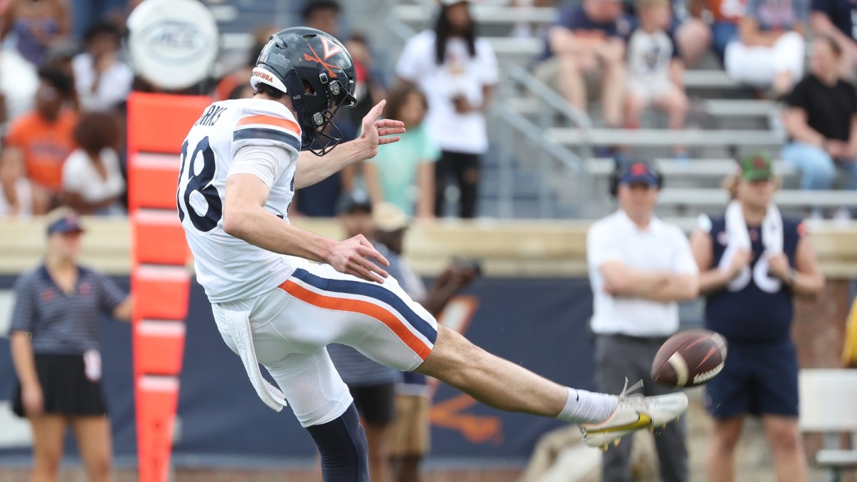 Daniel Sparks punts the ball during the Virginia football spring game at Scott Stadium.