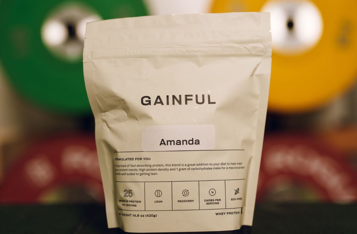 A bag of Gainful personalized protein powder belonging to a tester named Amanda