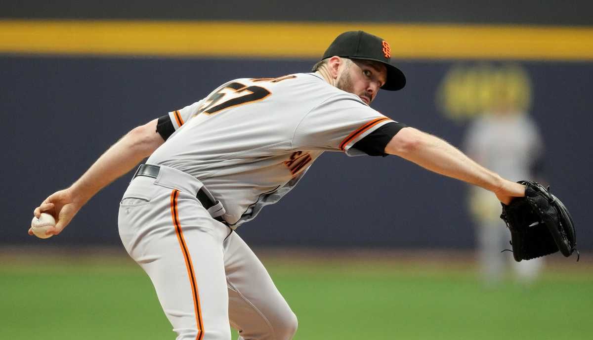 SF Giants starting pitcher Alex Wood throws during the first inning of their game against the Milwaukee Brewers on May 26, 2023.