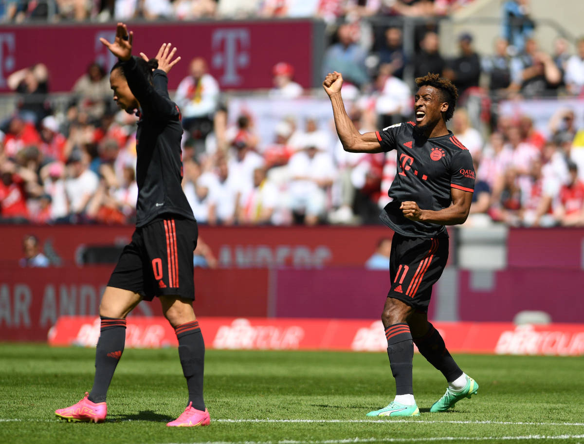 Kingsley Coman pictured (right) after scoring for Bayern Munich in a 2-1 win at Cologne on the final day of the 2022/23 Bundesliga season