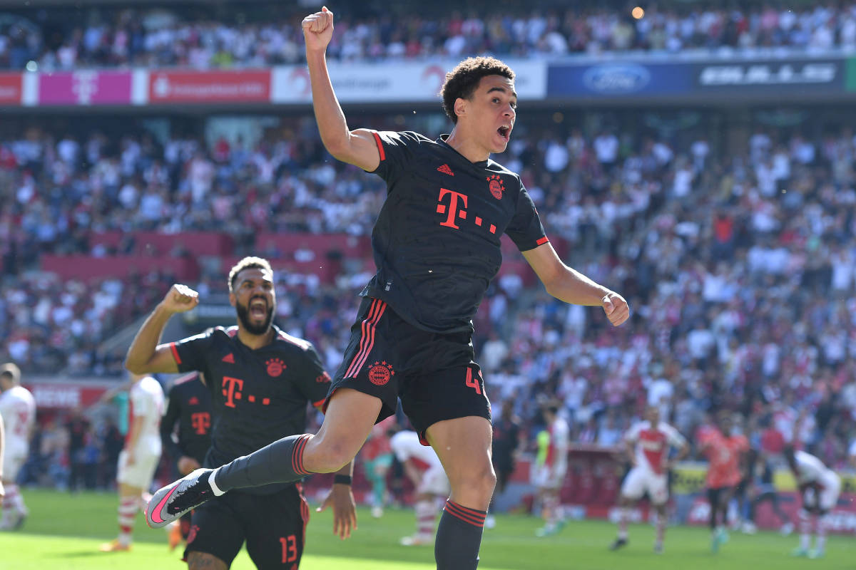 Jamal Musiala pictured celebrating after scoring the goal that won Bayern Munich the Bundesliga title in May 2023