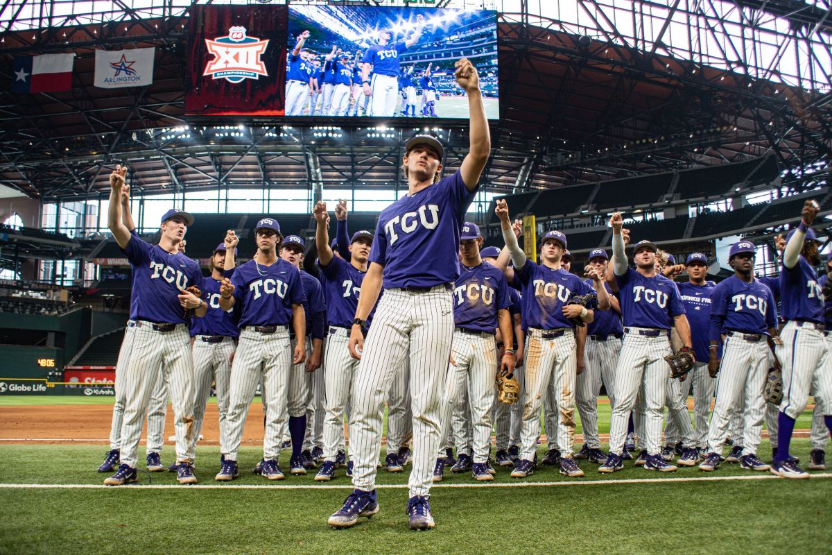 TCU baseball celebrates after defeating Kansas State on Saturday, May 27 to advance to the championship game of the 2023 Phillips 66 Big 12 Championship