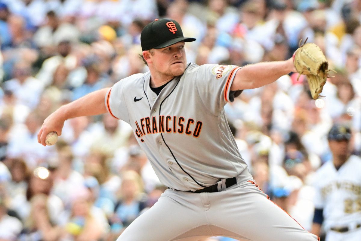 SF Giants pitcher Logan Webb pitches against the Milwaukee Brewers on May 27, 2023.