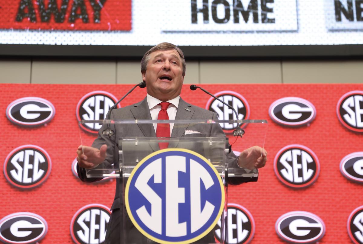Kirby Smart during the 2022 SEC Media Day. It was during this speech that he first uttered the phrase "We will not be the hunted."