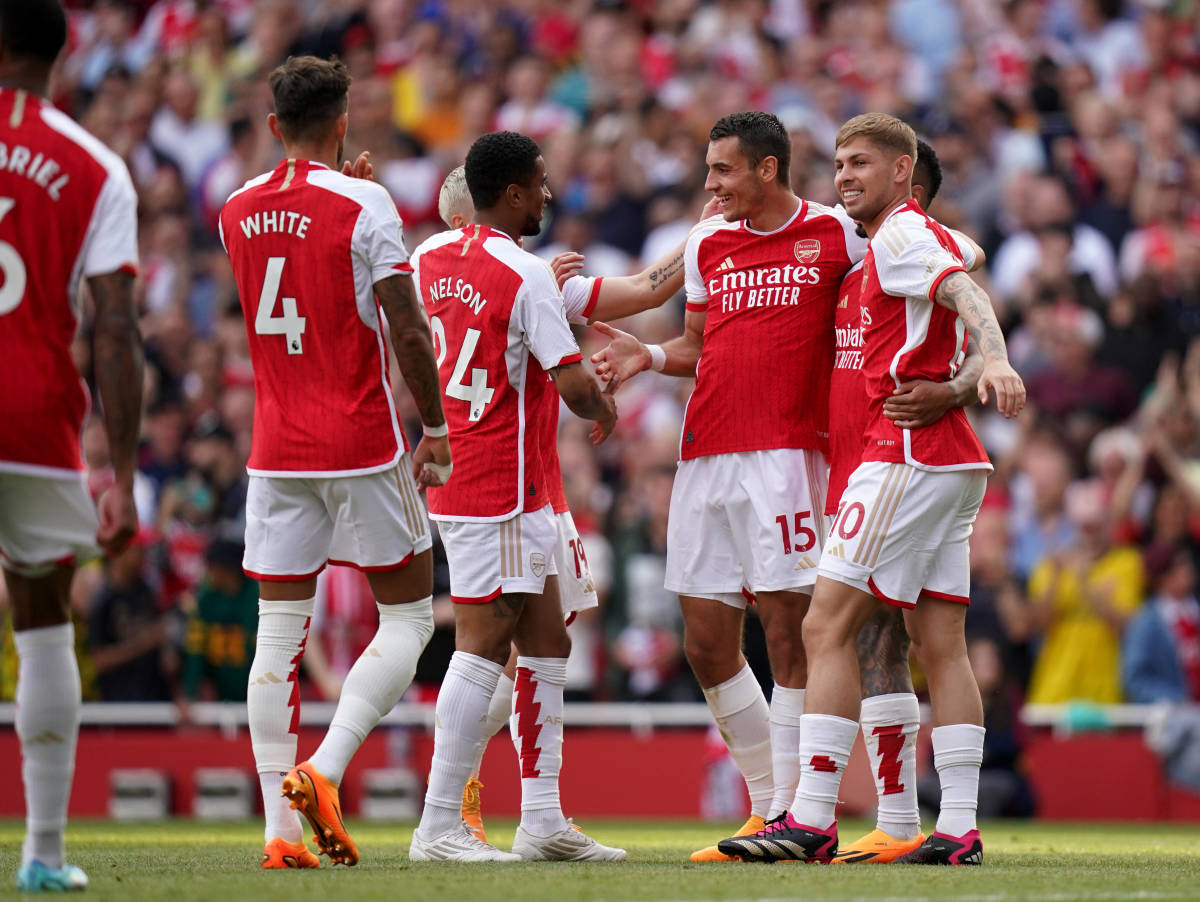 Players from Arsenal pictured celebrating a goal during their 5-0 win over Wolves in May 2023