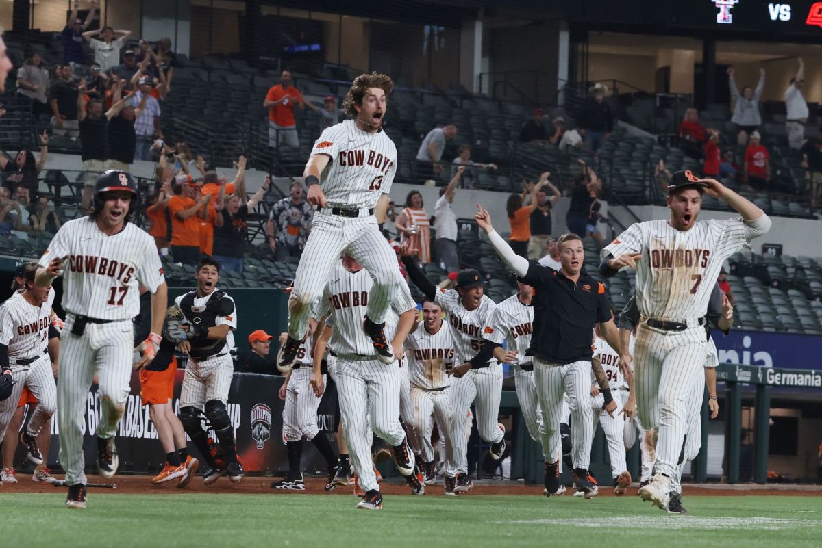 Oklahoma State celebrates after advancing to the 2023 Phillips 66 Big 12 Baseball Championship game.