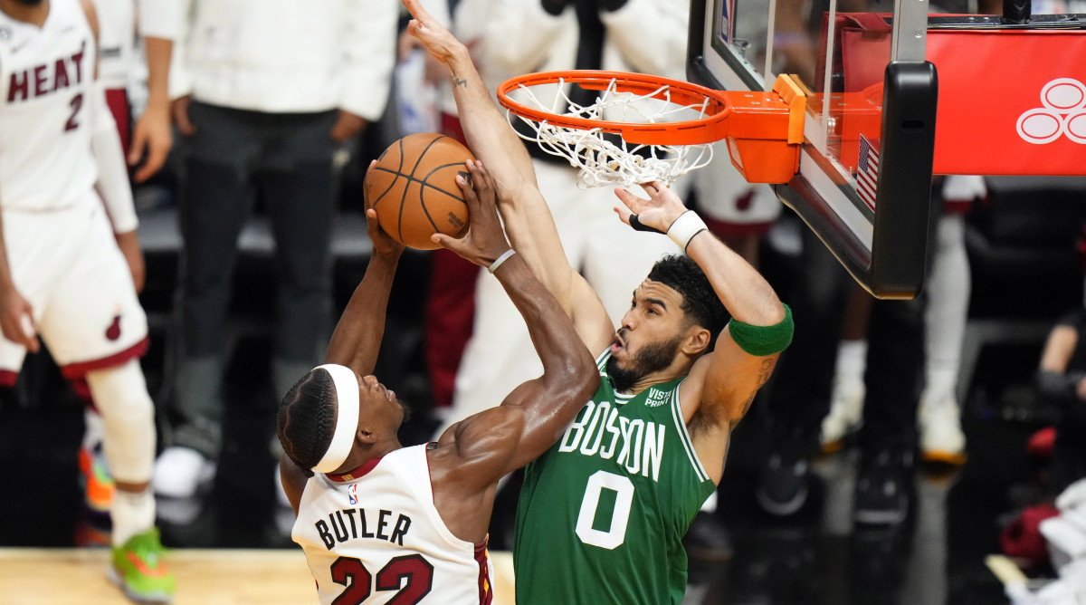 Jayson Tatum facing Jimmy Butler