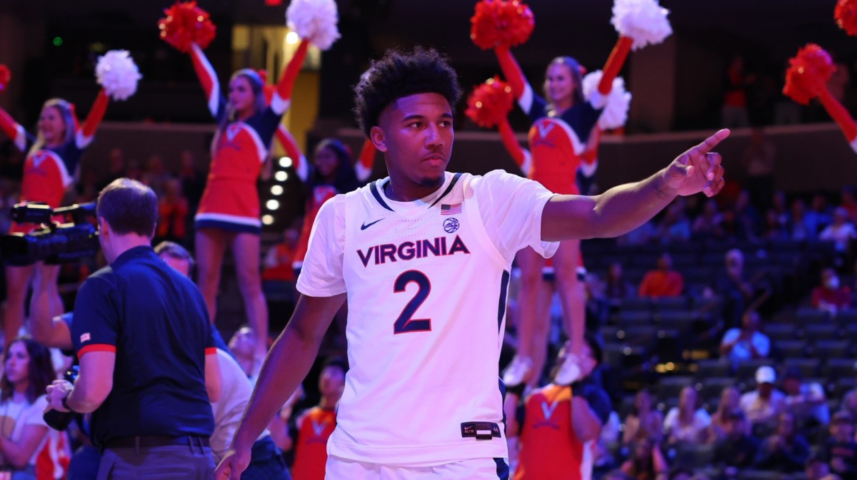 Reece Beekman gets introduced before the Virginia men's basketball game against NC Central at John Paul Jones Arena.