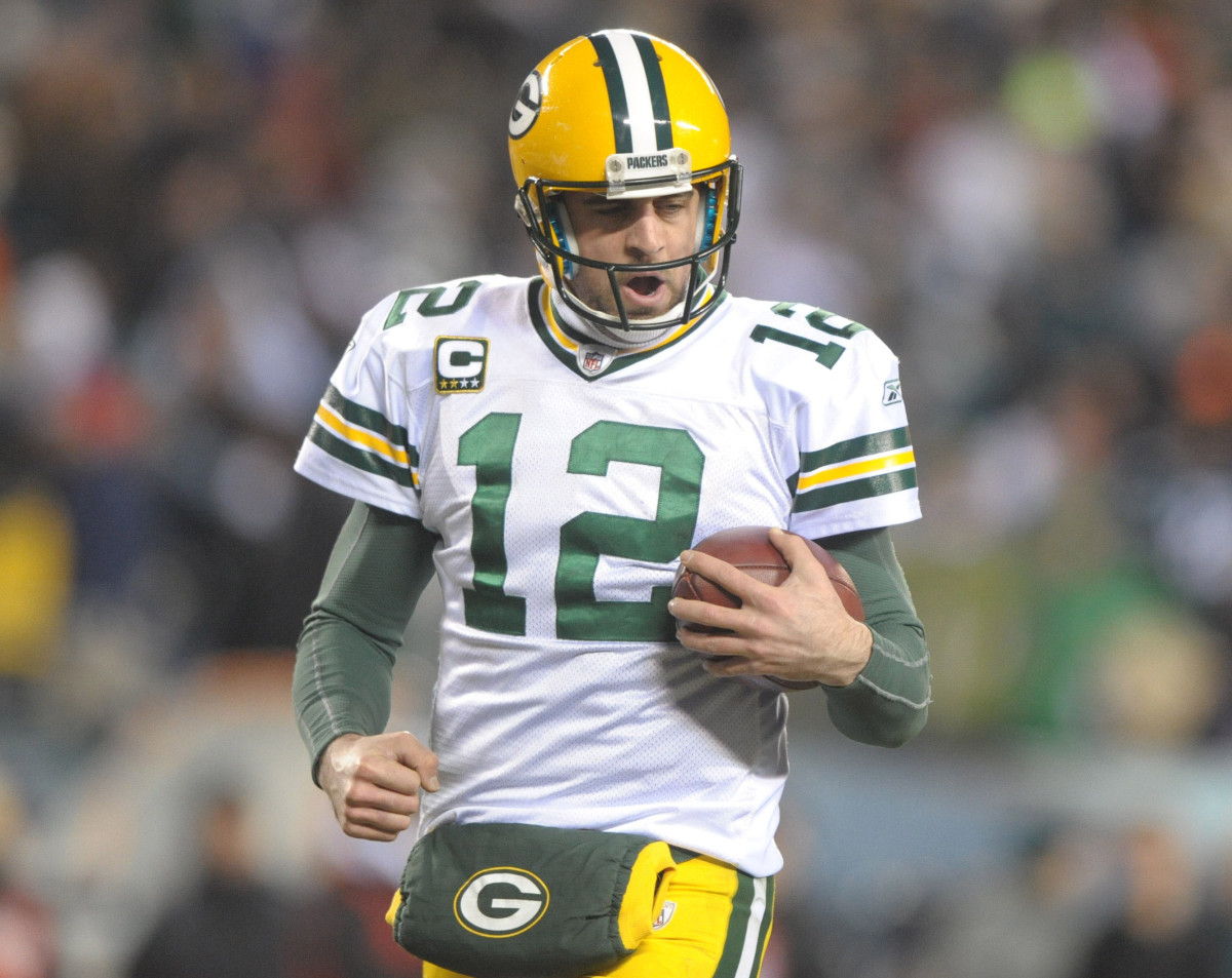 Jan 9, 2010; Philadelphia, PA, USA; Green Bay Packers quarterback Aaron Rogers (12) reacts at the end of the game against the Philadelphia Eagles during the NFC wild-card playoff game at Lincoln Financial Field. Mandatory Credit: Kirby Lee/Image of Sport-USA TODAY Sports
