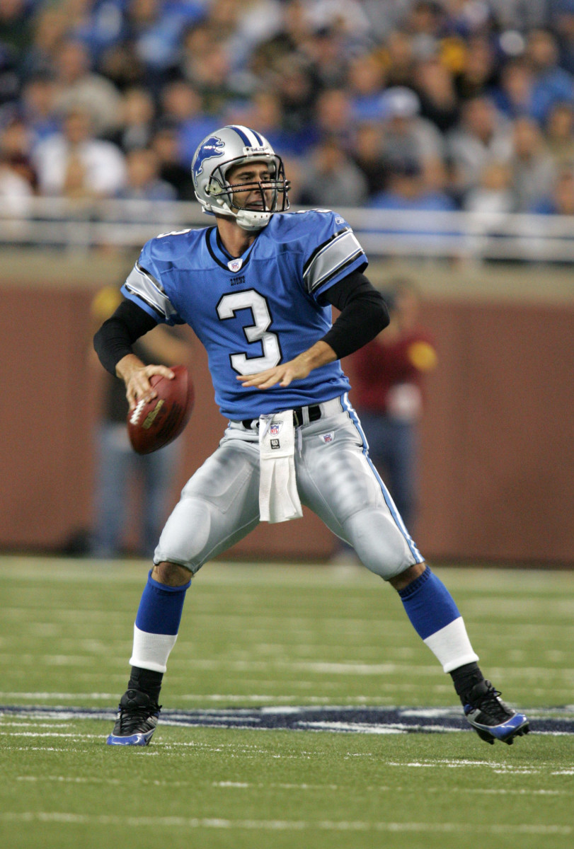 Oct 17, 2004; Detroit, MI, USA; Detroit Lions quarterback Joey Harrington throws in the pocket against the Green Bay Packers. Mandatory Credit: Matthew Emmons-USA TODAY SportsCreated:
