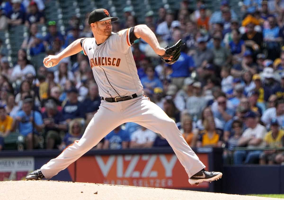 SF Giants starting pitcher Alex Cobb throws during the first inning of their game against the Milwaukee Brewers on May 28, 2023.