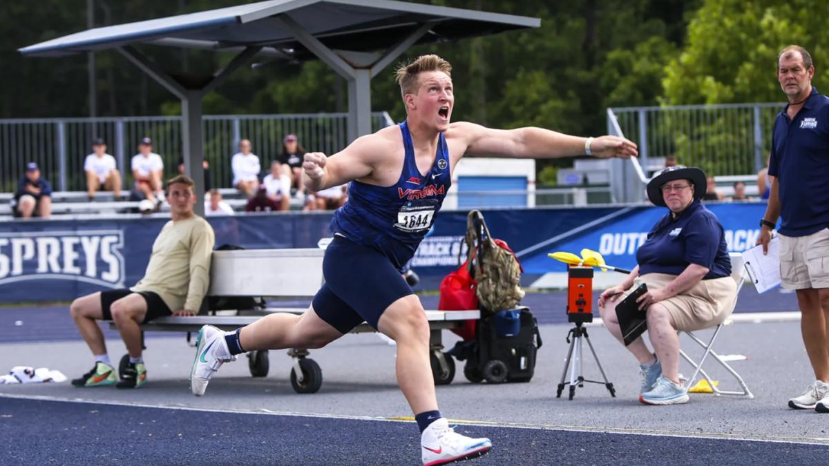 Ethan Dabbs attempts a javelin throw for Virginia in the NCAA Track & Field East Preliminaries at Hodges Stadium in Jacksonville, Florida.