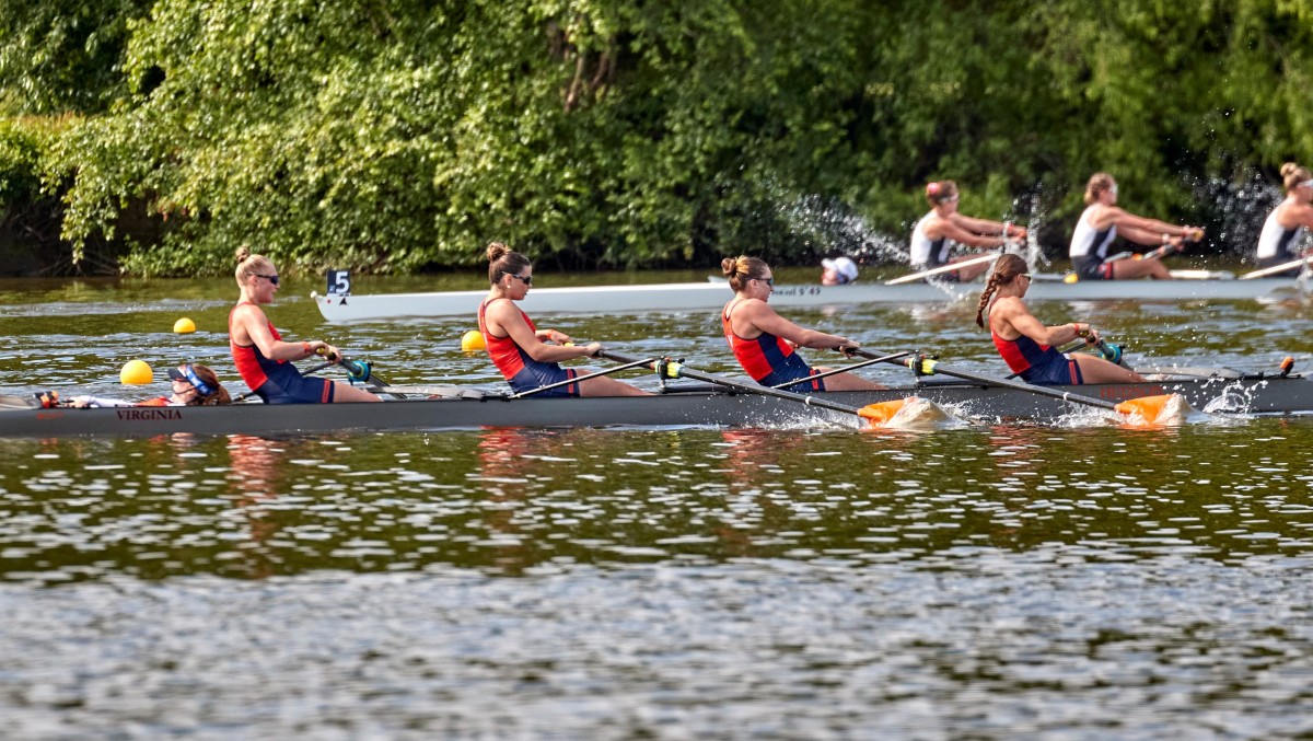 Virginia's Varsity Four competing at the NCAA Rowing Championships at Cooper River Park in Pennsauken, New Jersey.