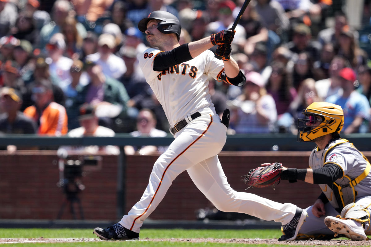 SF Giants left fielder Austin Slater hits a home run against the Pittsburgh Pirates on May 29, 2023.
