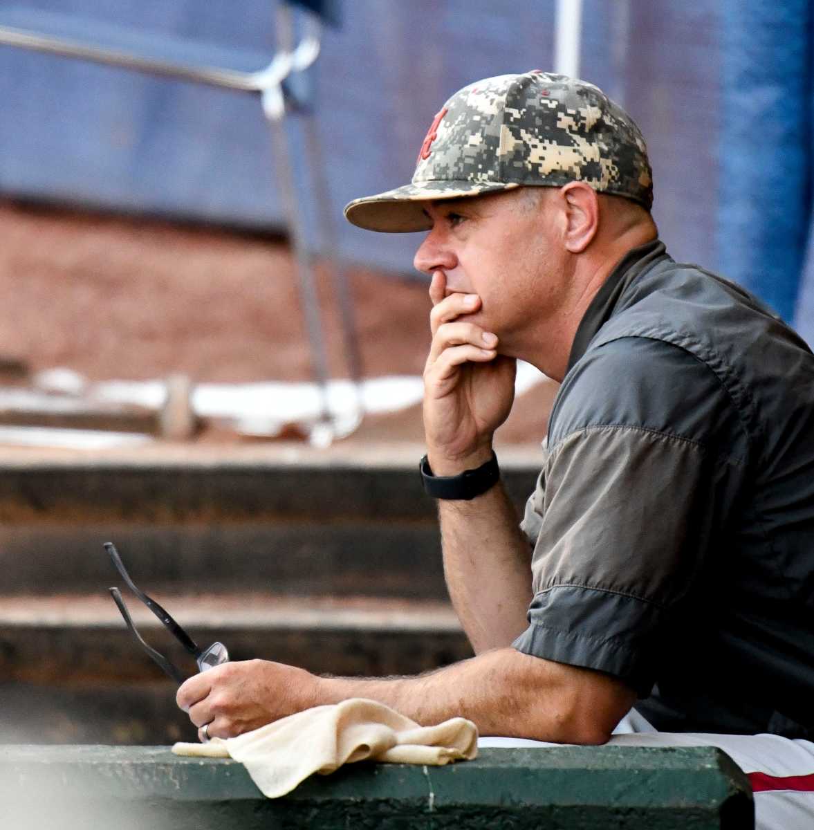 Alabama interim head coach Jason Jackson watches his team play against Florida during the second round of the SEC Baseball Tournament at the Hoover Met Wednesday, May 24, 2023.