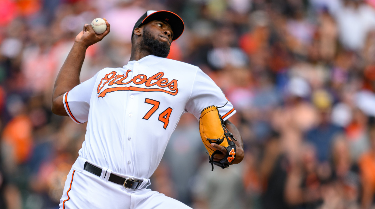 Orioles relief pitcher Felix Bautista throws a pitch during the ninth inning against the Texas Rangers.