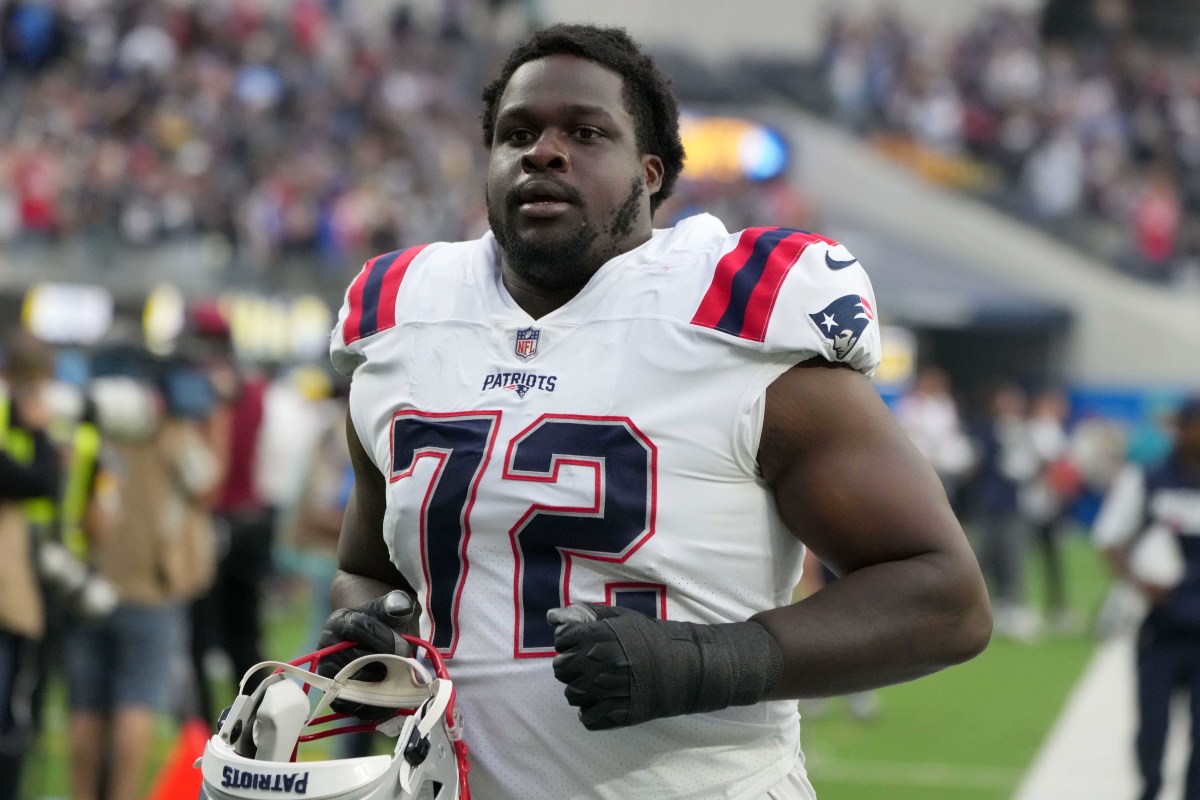 NFL offensive tackle Yodny Cajuste with the Patriots in 2021