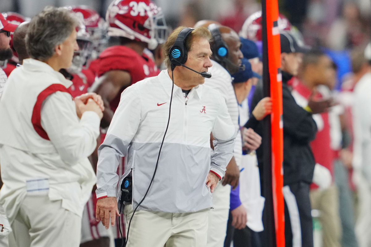Dec 31, 2022; New Orleans, LA, USA; Alabama Crimson Tide head coach Nick Saban watches game action against the Kansas State Wildcats during the first half in the 2022 Sugar Bowl at Caesars Superdome.