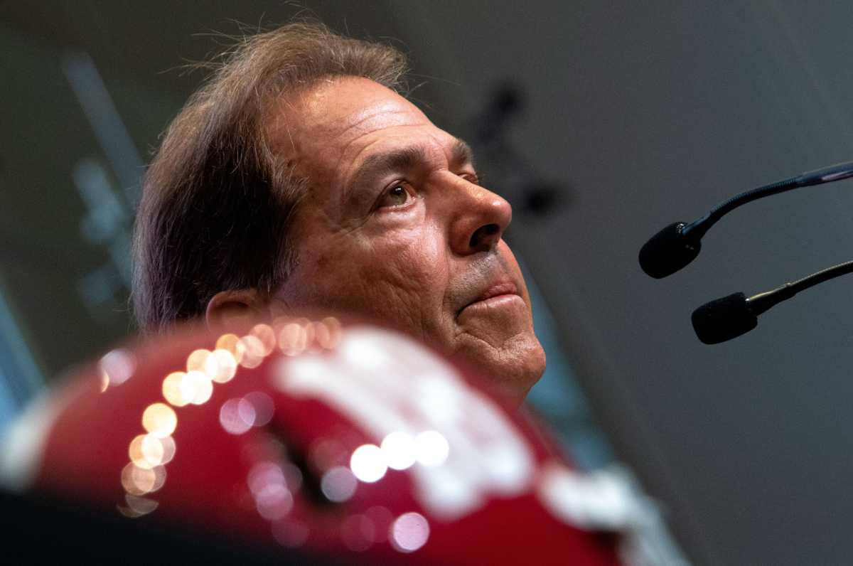 July 19, 2022; Atlanta,GA, USA; Alabama head coach Nick Saban speaks on the main stage during SEC Media Days at the College Football Hall of Fame in Atlanta Tuesday, July 19, 2022.