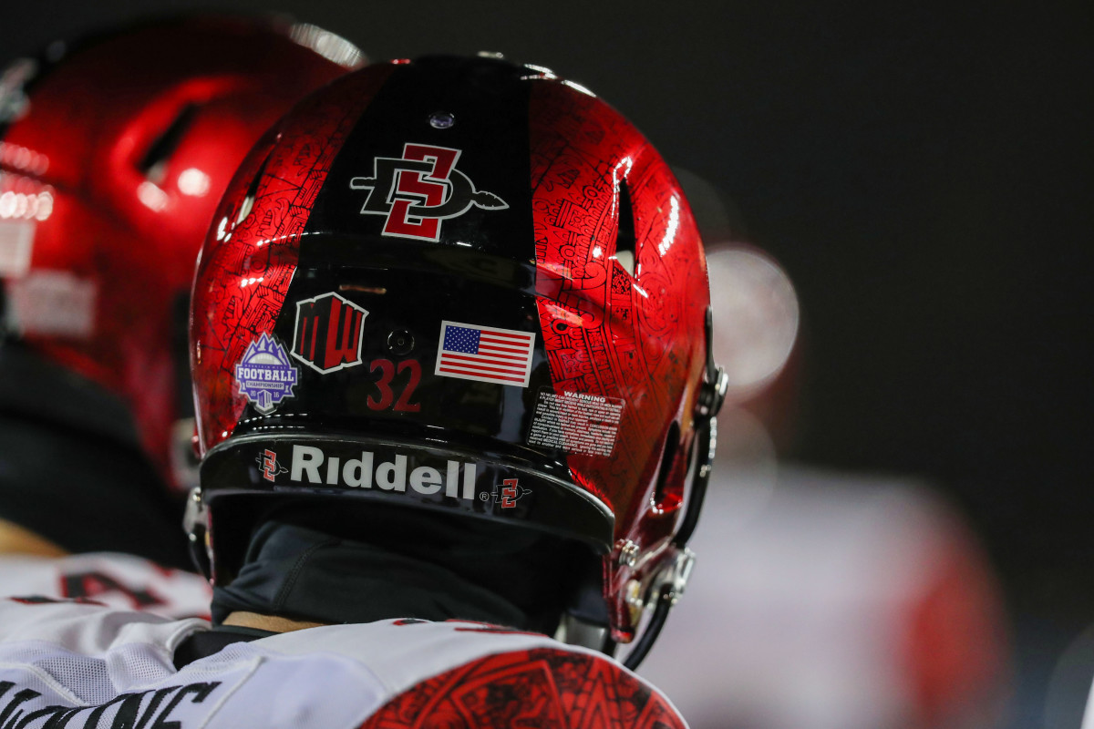 Dec 3, 2016; Laramie, WY, USA; San Diego State Aztecs helmet against the Wyoming Cowboys during the first quarter at the Mountain West Championship college football game at War Memorial Stadium. The Aztecs beat the Cowboys 27-24. Mandatory Credit: Troy Babbitt-USA TODAY Sports