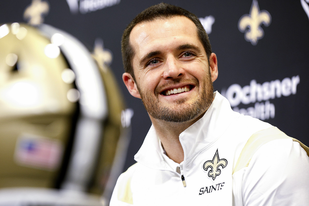 Derek Carr smiling at his Saints intro press conference