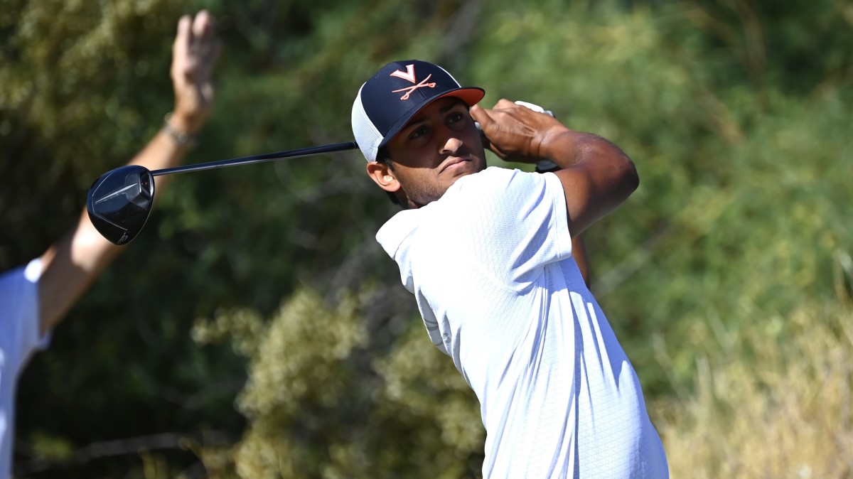 Virginia sophomore Deven Patel takes a swing during the 2023 NCAA Men's Golf Championships at Grayhawk Golf Club in Scottsdale, Arizona.
