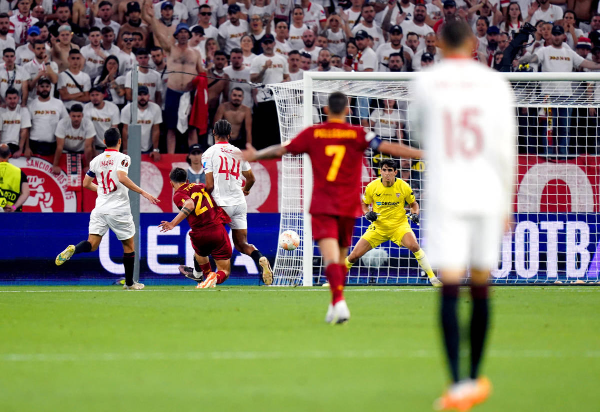 Roma striker Paulo Dybala (no.21) pictured scoring against Sevilla in the 2023 UEFA Europa League final