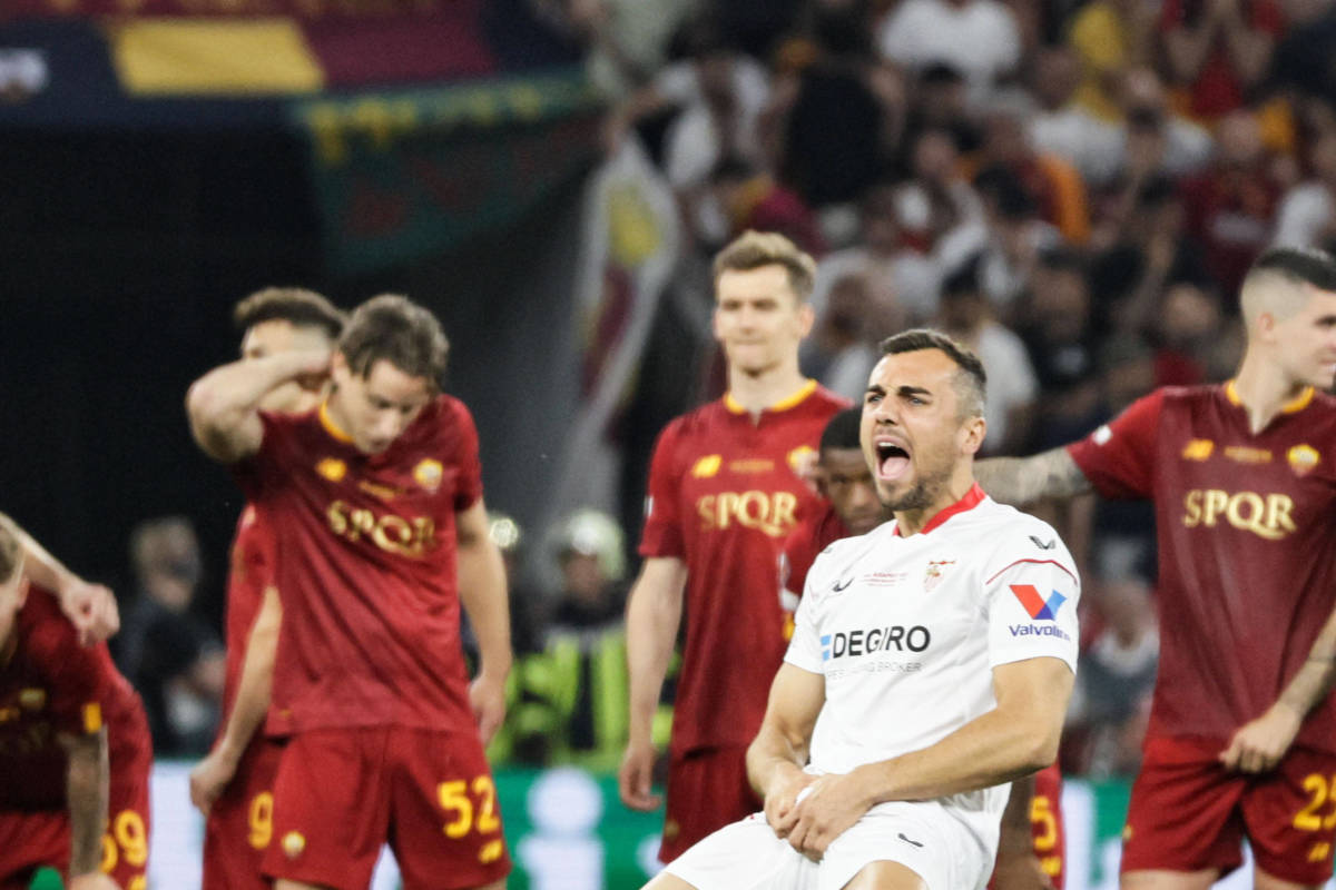 Gonzalo Montiel pictured grabbing his crotch after scoring the winning penalty in Sevilla's shootout victory over Roma in the 2023 UEFA Europa League final