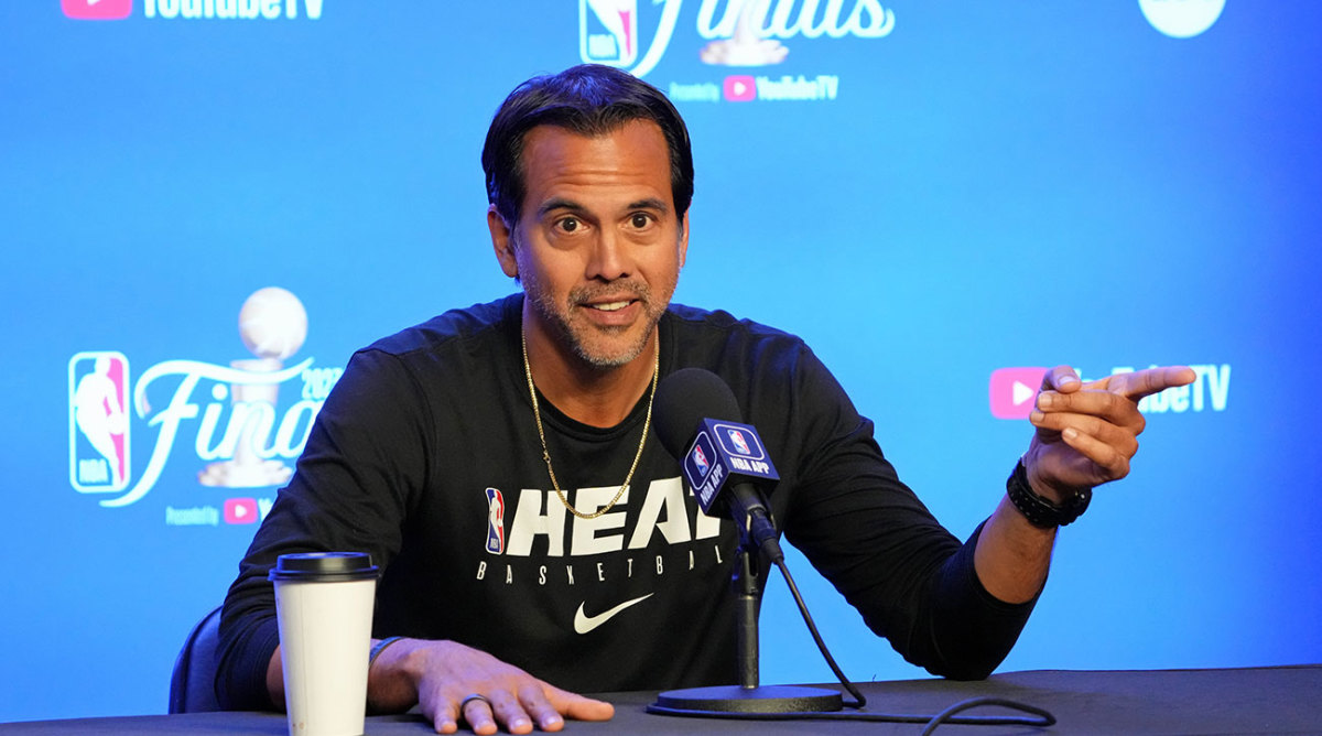Erik Spoelstra at an NBA Finals press conference