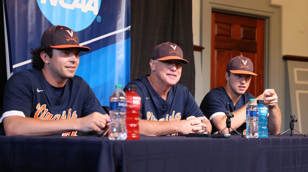 Virginia baseball's Brian Edgington, Brian O'Connor, and Kyle Teel sit in a press conference before the Charlottesville Regional of the 2023 NCAA Baseball Tournament.