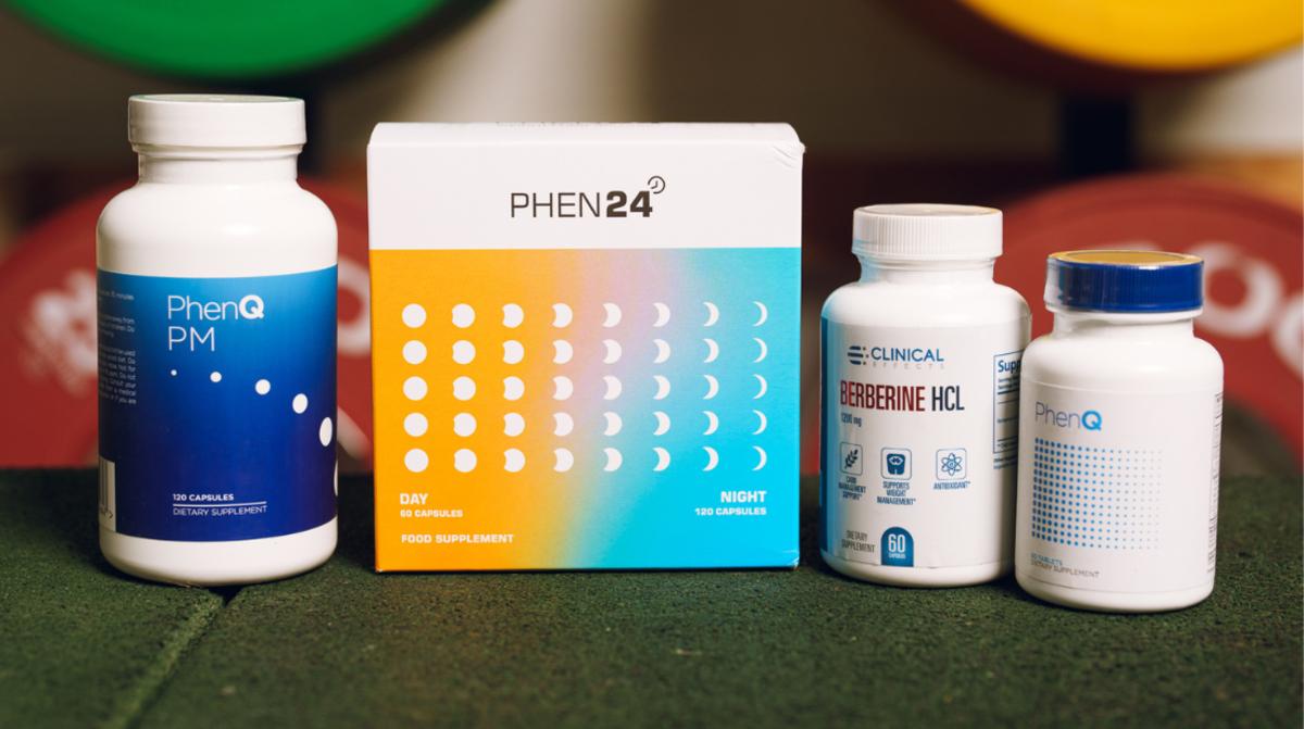 Several of the best appetite suppressants on a table, including PhenQ, PhenQ PM, Clinical Effects Berberine HCL and Phen24