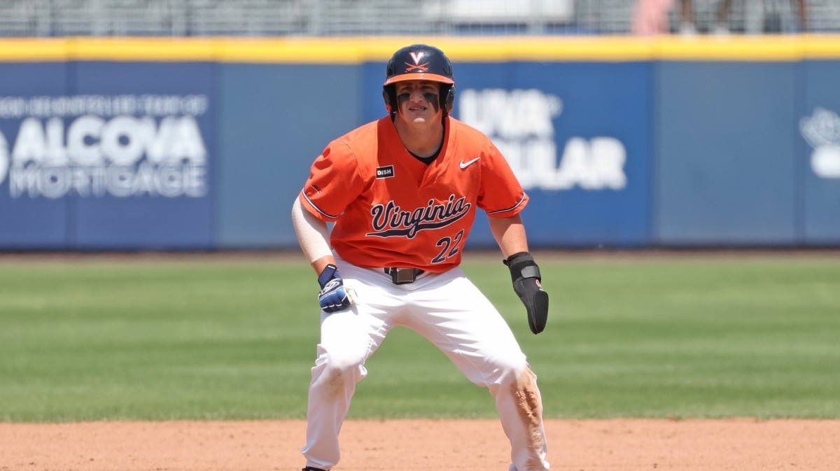 Jake Gelof takes a lead off second base during the Virginia baseball game against Louisville at Disharoon Park.