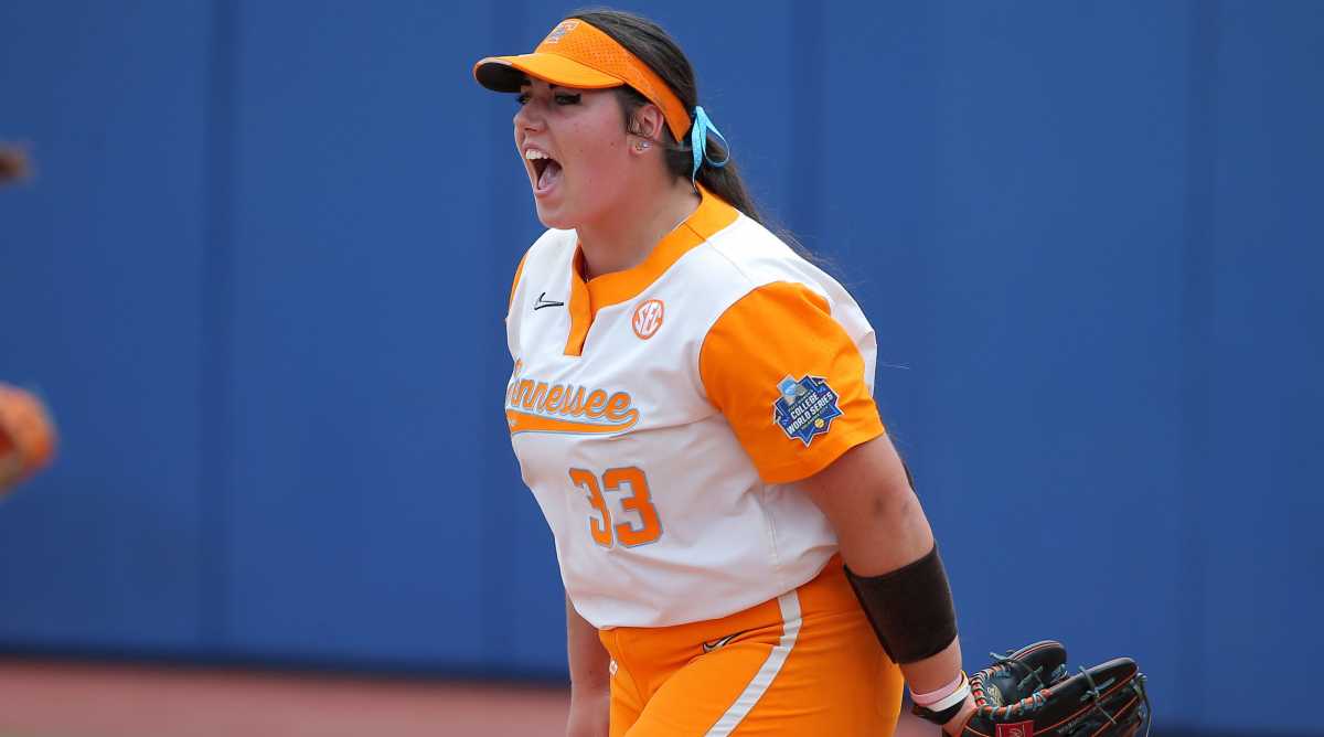 Tennessee's Payton Gottshall celebrates after a win over Alabama in the 2023 Women's College World Series